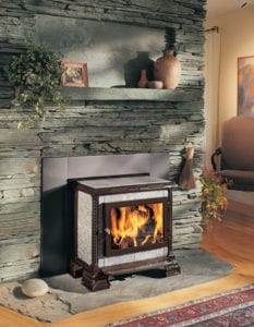 Homestead soapstone stove, with brown design accents, by HearthStone